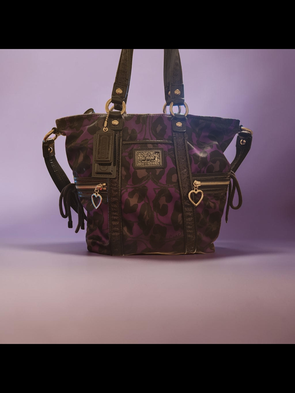 Coach Purple Poppy 1941 Patent Leather-Trim Tote with Heart Charms